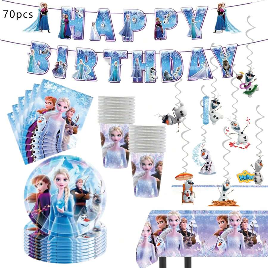 Disney Disney Frozen Party Supplies, Included Birthday Banner,Hanging Vortex,Plate,Napkins,Paper Cups,Tablecloth For Frozen Party Decorations,Frozen Birthday Party Decorations,Disney Frozen Tableware,Disney Princess Elsa Party Decorations