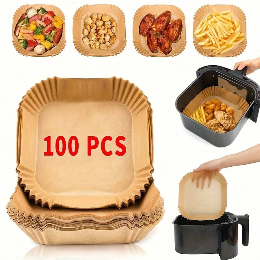 100pcs, Square Disposable Air Fryer Liners (6.3in/8in), Paper Air Fryer Liner Pots, Paper Basket Bowls, Baking Trays, Oven Accessories, Baking Tools, Kitchen Gadgets, Kitchen Accessories,Kitchen Accessories,Cocina