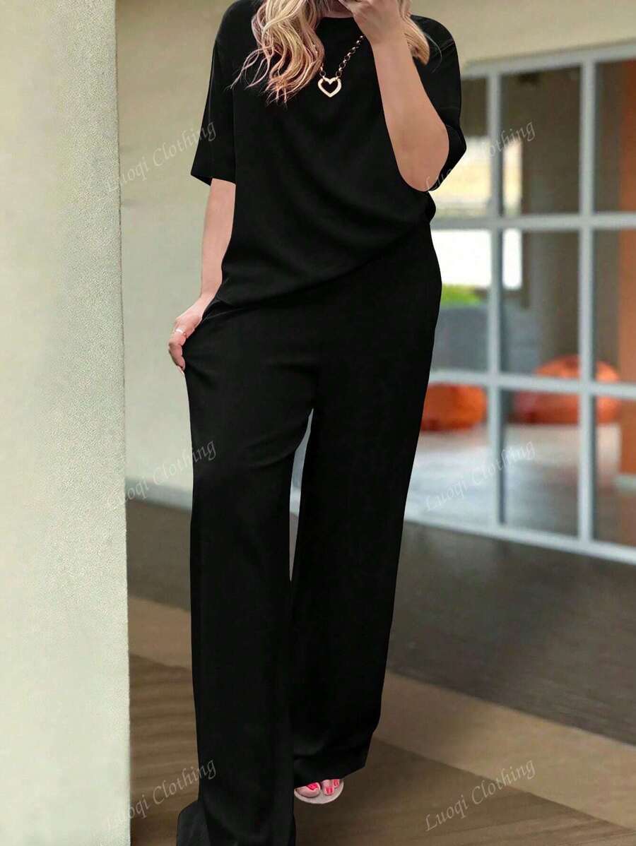 Plus Size Women 2-Piece Set, Casual Round Neck Short Sleeve Top And High Waist Pocket Wide Leg Pants, Daily Commute, Spring Summer