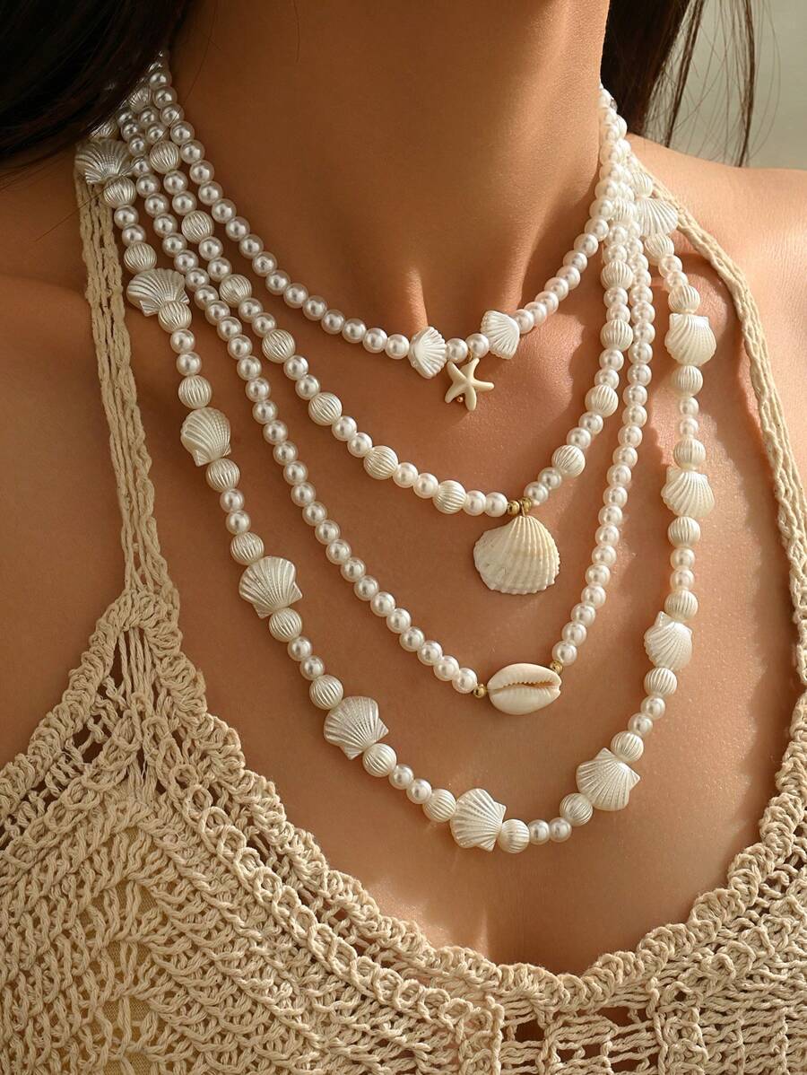 Conjunto de 4 collares elegantes y vintage con perlas falsas, estrellas de mar, conchas y vieiras de múltiples capas, adecuados para bikini, playa y uso diario