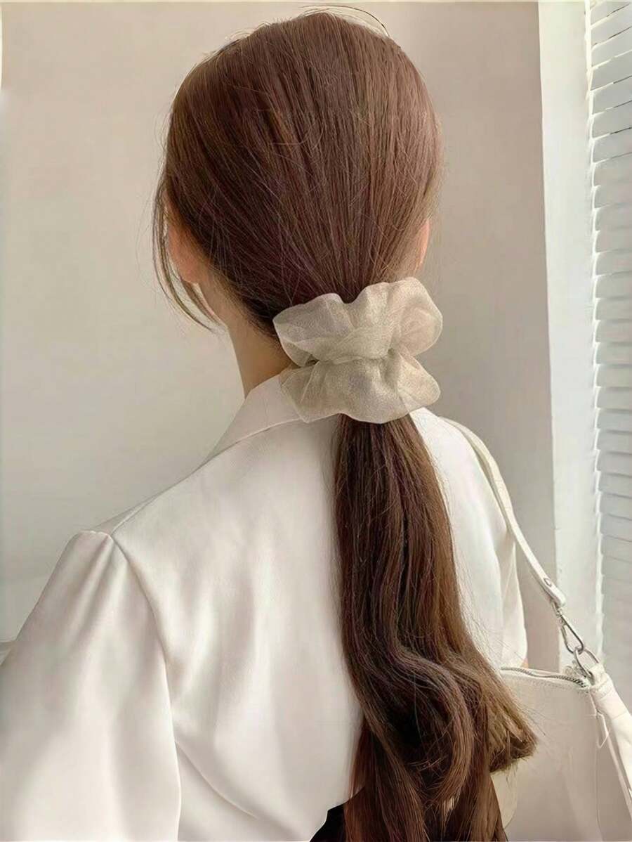 1pc Plain Elegant Large Hair Scrunchie, Women's Pearl Gauze Wrinkled Hair Tie Scrunchies Scrunchy Hair Ties