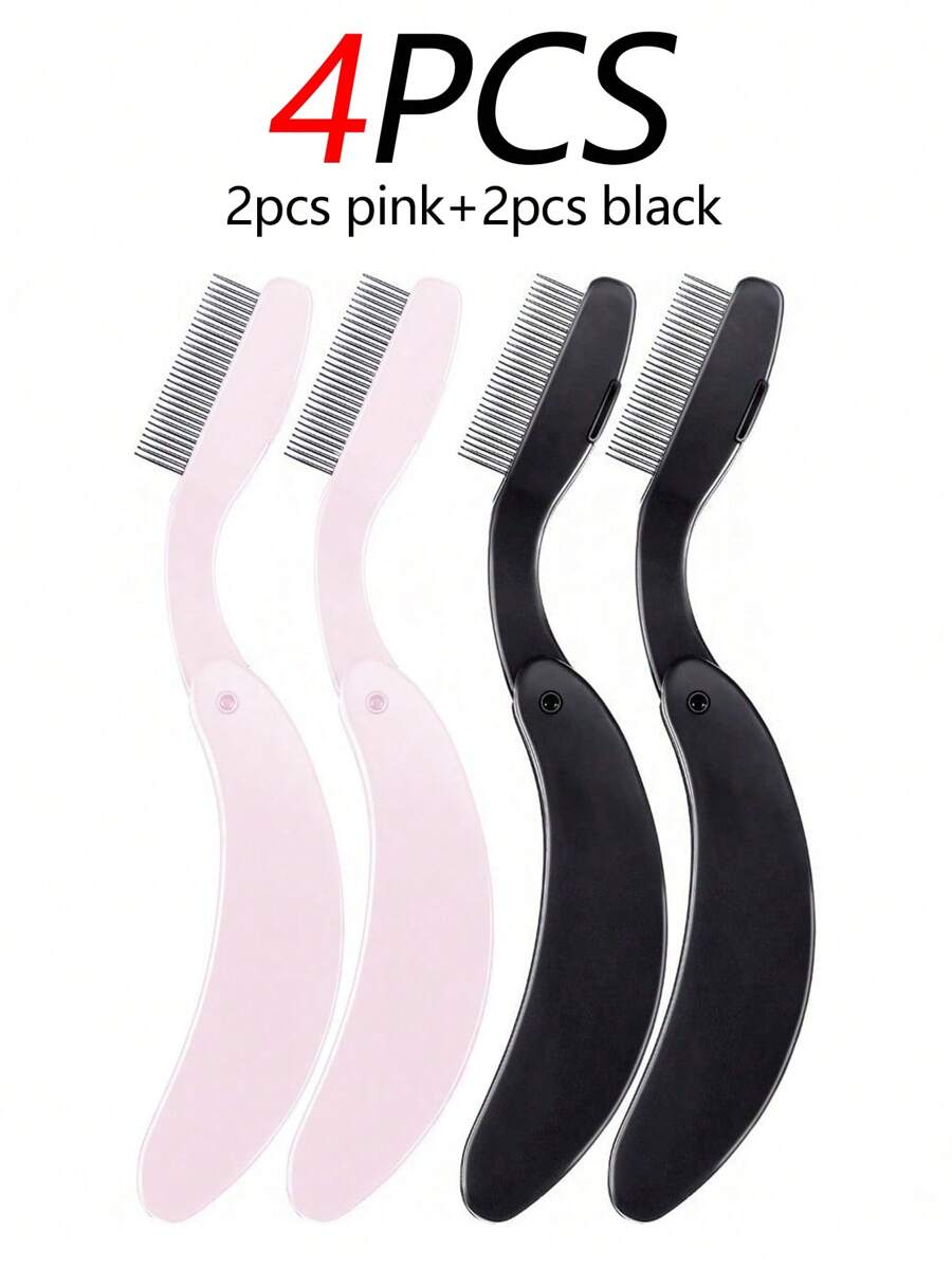 4/2/1pc New Stainless Steel Eyelash/Eyebrow Comb With Curved Plastic Handle, Portable Eyelash Mascara Brush, Makeup Brush, Anti-Crossed Fly Leg Beauty Tool