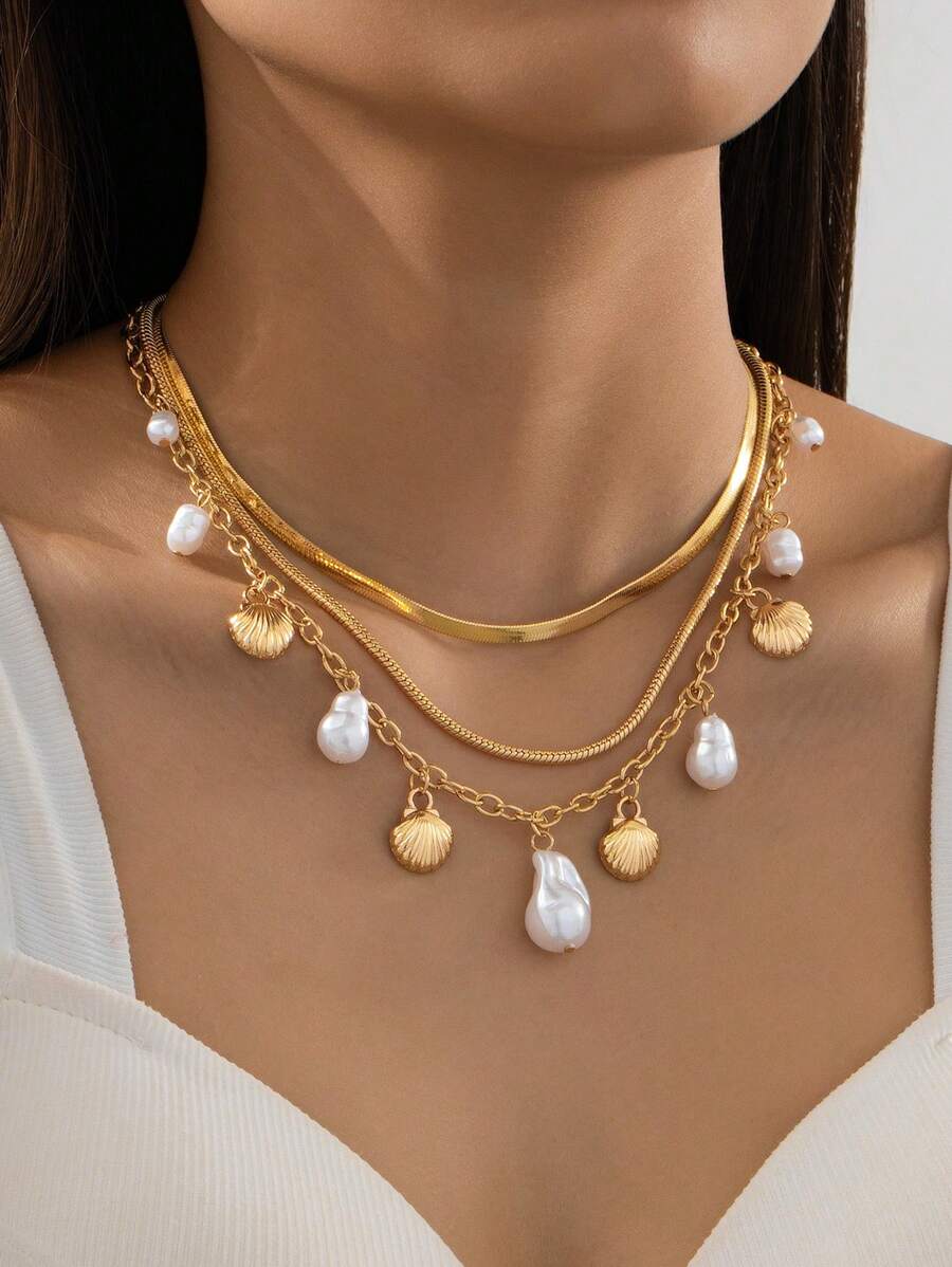 1 pieza Collar de colgante vintage con perla falsa estilo barroco y dije de concha metálica, collar de varias capas adecuado para uso diario, fiesta, regalo de cumpleaños, perfecto para mamá