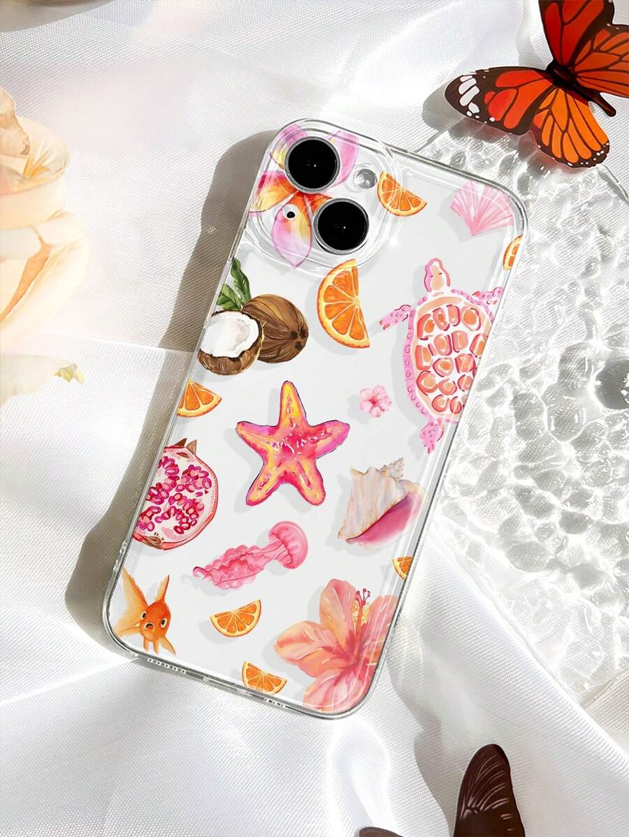 1 pieza Funda de teléfono suave y transparente con diseño de tortuga, estrella de mar y flor de hibisco de tema oceánico, antideslizante, apta para 11/12/13/14/15/16 Pro Max