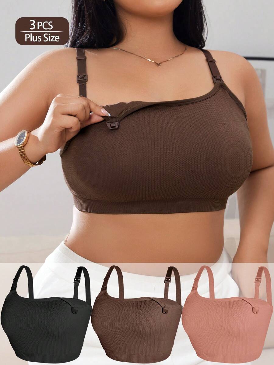 Set de 3 piezas Sujetador de maternidad y lactancia talla grande, sujetador de lactancia de una pieza sexy y sencillo de apertura frontal, camiseta de sostén cómoda y de elevación para embarazo y postparto