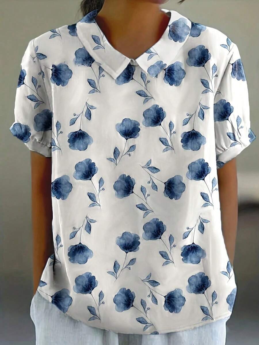 Polyester Floral Print Button Up Shirt Dress For Women