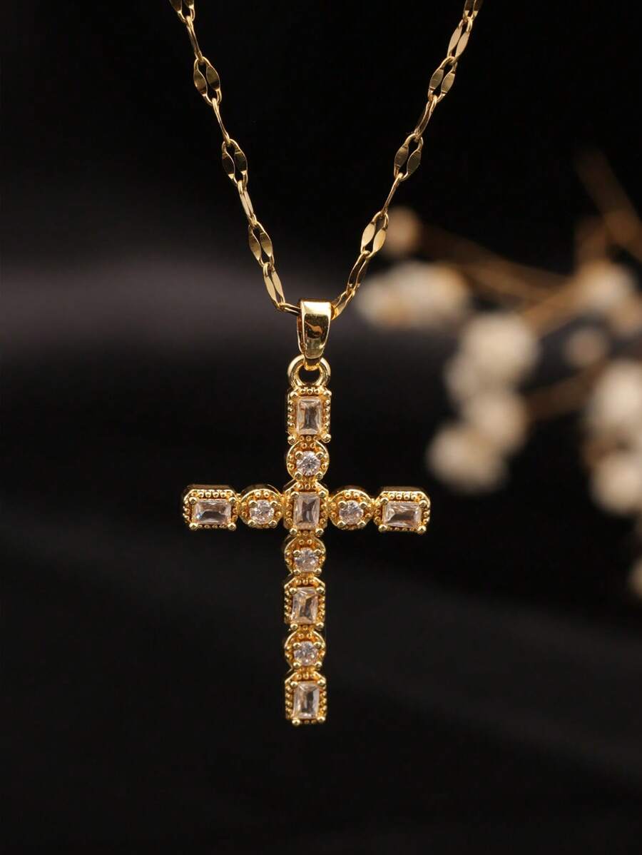 1pc 18K Gold Plated Cubic Zirconia Cross Pendant Adjustable Classic Necklace, Luxury Fashion Versatile Collar Necklace For Women, Suitable For Daily Wear, Commute, And Party