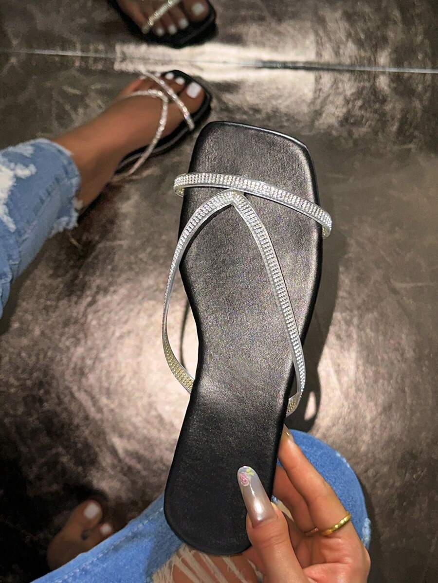Sandalias de dedo planas con incrustaciones de cristales brillantes para mujer, para uso diario casual en verano