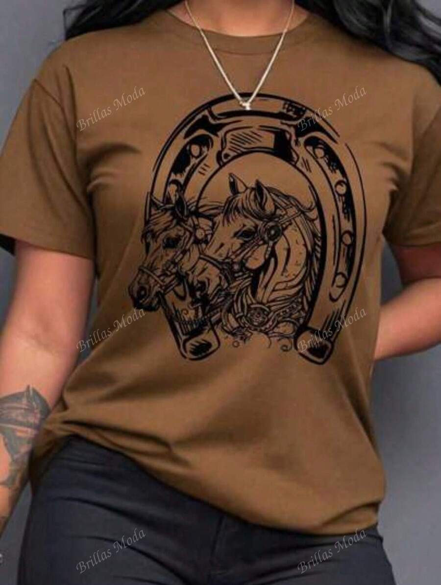Camiseta de mujer de cuello redondo con estampado de animal tipo caballo, camisetas gráficas para mujer