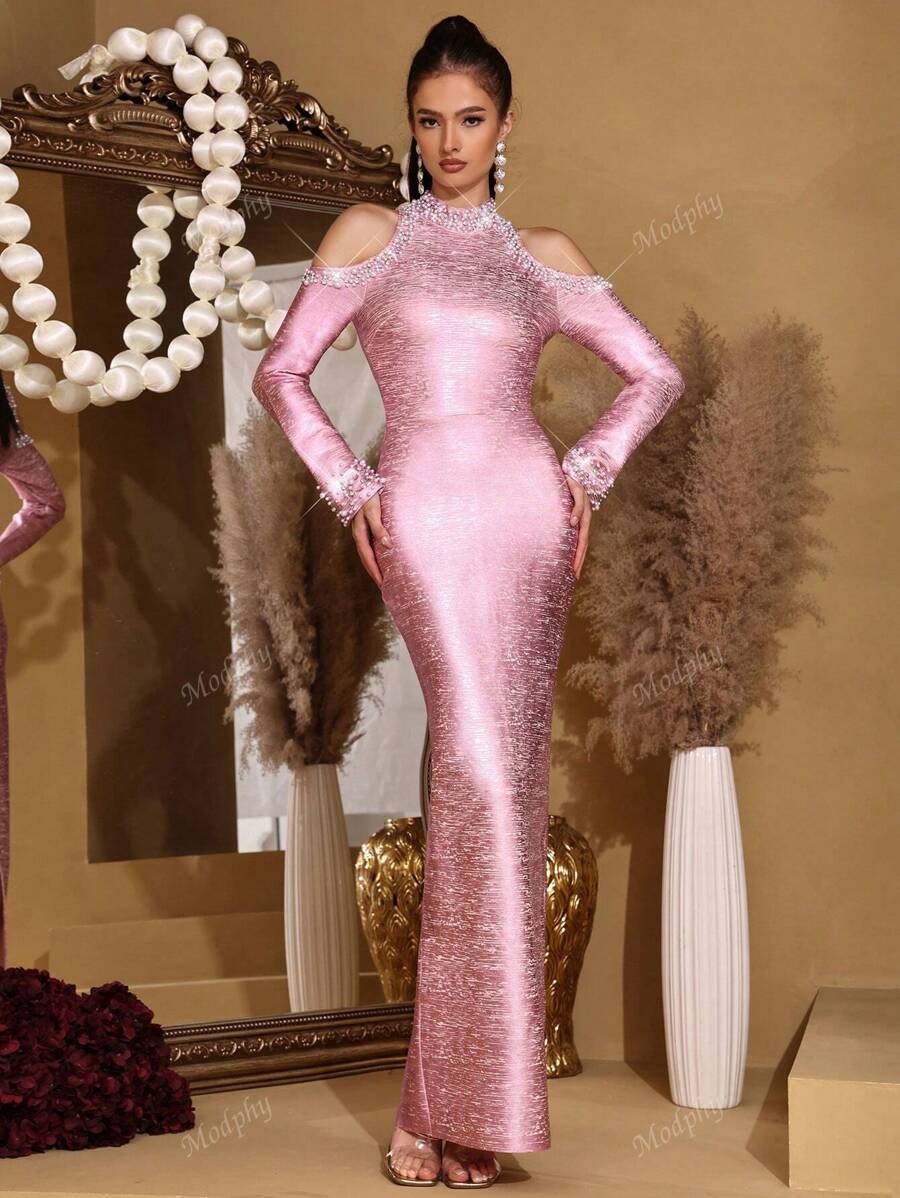 Modphy Nuevo vestido largo de diseño de perlas de industria pesada de lujo ligero con diseño de capa rosa para mujer. Vestido largo ajustado de manga larga con cuello alto pequeño y hombros descubiertos. Vestido de dama de honor formal para invitados de boda, fiesta conmemorativa o cena formal