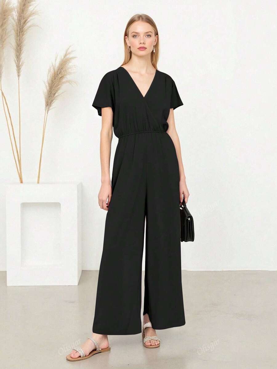 Elegante Mono De Pierna Ancha De Cuello V Con Manga De Murciélago Unicolor Casual y Elegante Para Mujer