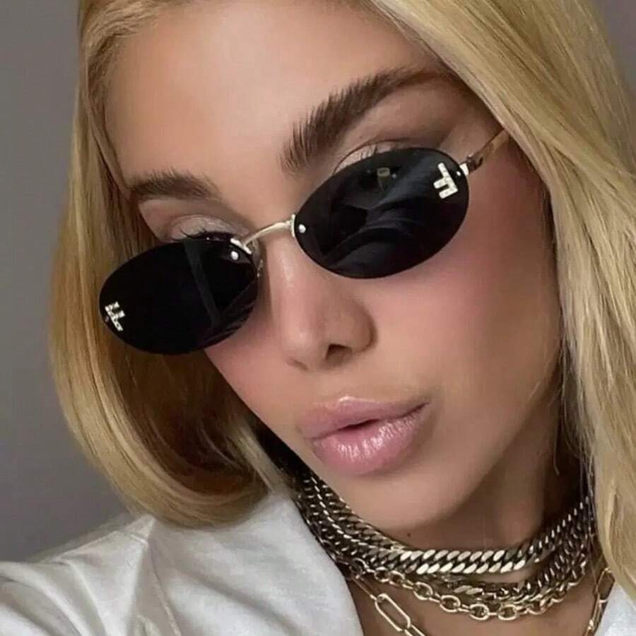 1 Stück Damen rahmenlose ovale Metallbrille im Y2K-Stil, geeignet für Alltag, Outdoor, Urlaub, Straße, Fahren, Reise, Party
