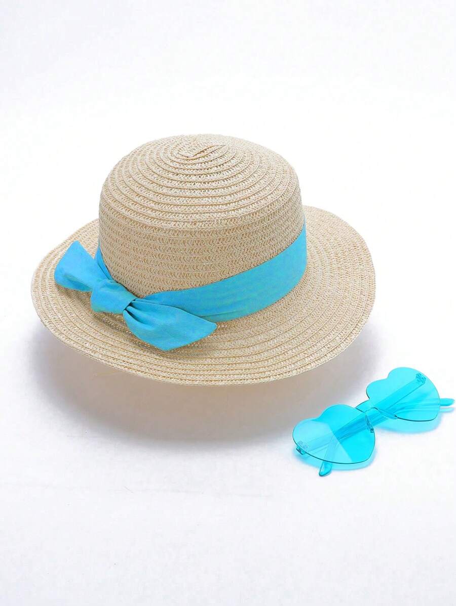 Set de 2 piezas que incluye sombrero de ala ancha y gafas de sol con forma de corazón para niños en primavera/verano. Esencial para actividades al aire libre, con un diseño lindo y dulce adecuado para el uso diario.