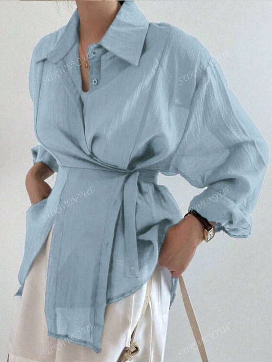 Ladies' Casual And Fashionable Simple Solid Color Shoulder Loose Wrapped Knotted Shirt For Spring And Autumn Styles