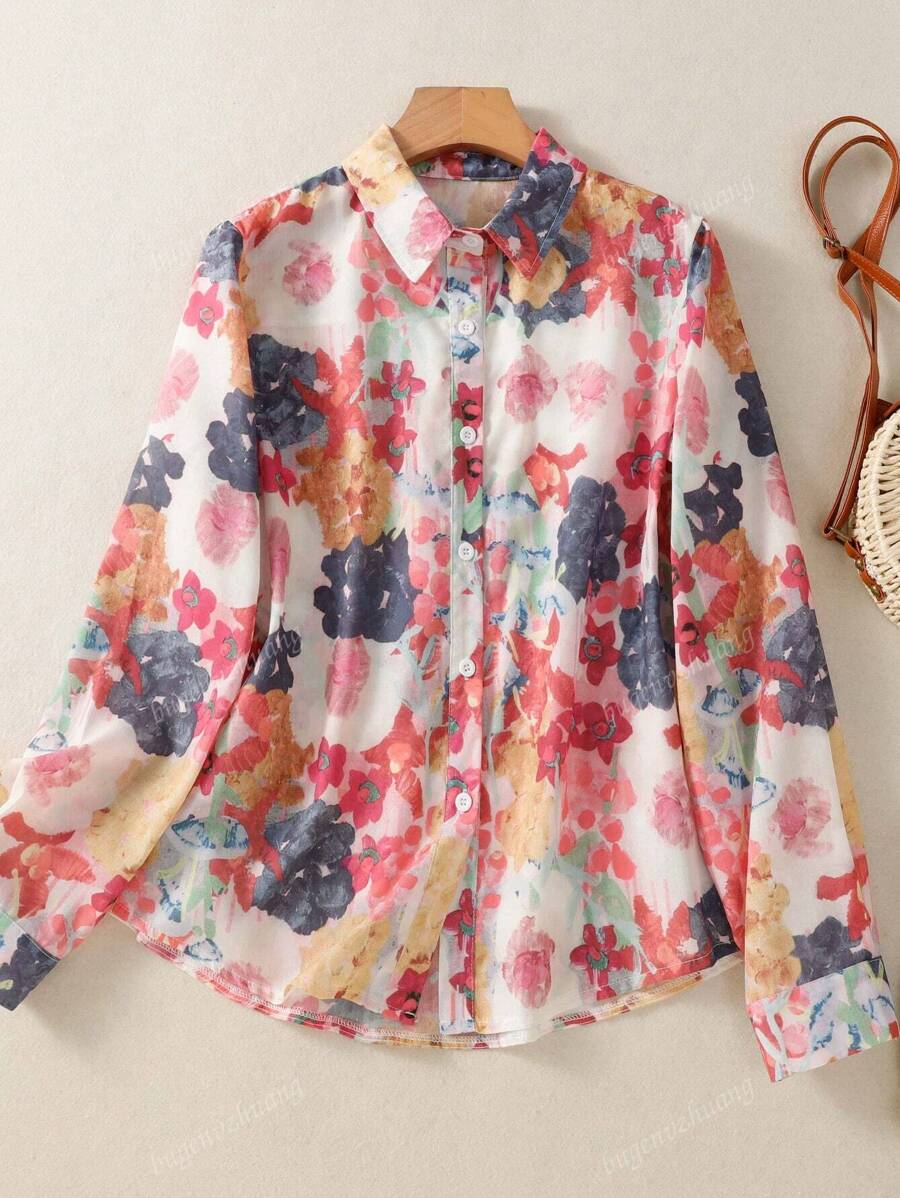Women's All-Over Floral Print Long Sleeve Blouse - Front Button Shirt Top For Festival, Evening Date Night, Travel & Daily Wear, Versatile All-Season