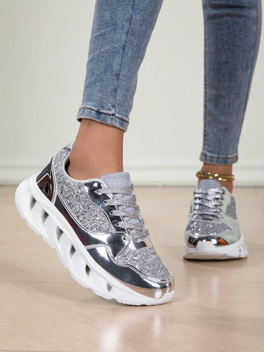 Chaussures casual de sport extérieur brillantes pour femmes, baskets de course mode à lacets, chaussures de marche légères à plateforme, convenant pour le port quotidien et les voyages