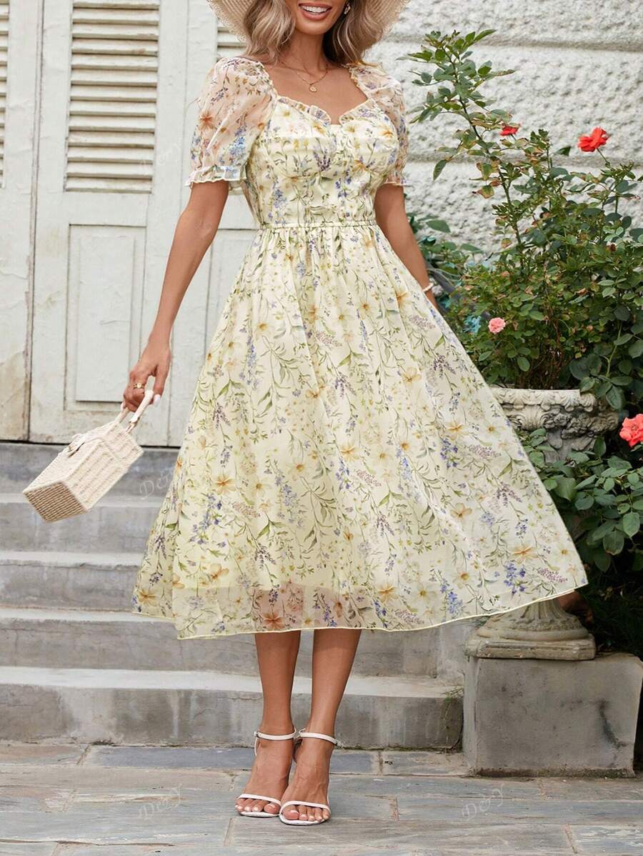 Women's Romantic Elegant Flowy Ditsy Floral Waist-Cinched Long Dress, Short Sleeve Summer Dress