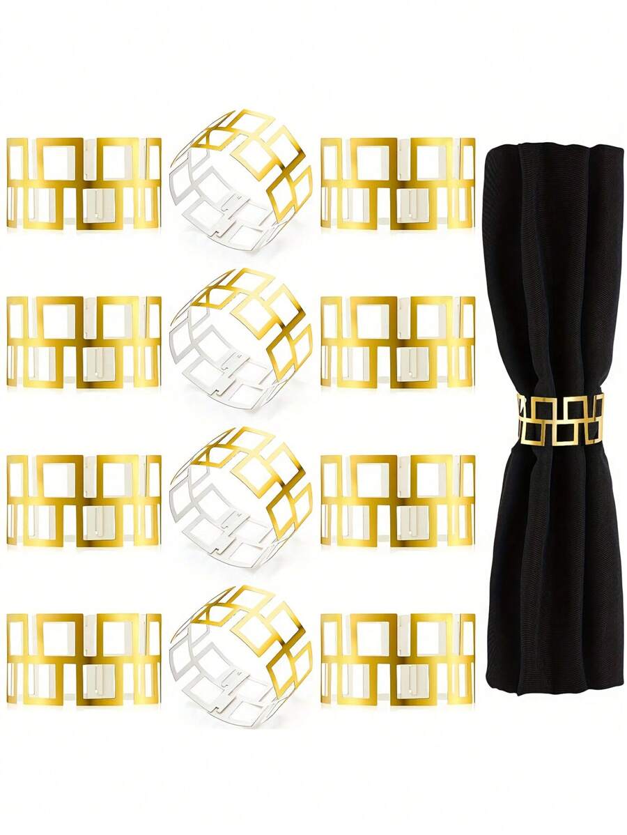 100/50pcs Creative Disposable 3D Square Round Napkin Ring, Party Decoration Napkin Ring Buckle, Gold Laser Cutting Pattern, Paper Imitation Metal Napkin Buckle, Suitable For Dinner, Wedding And Party, Kitchen Desktop Textile Supplies
