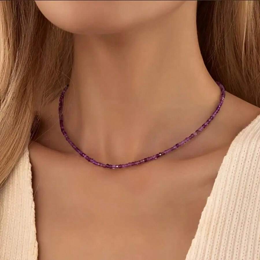 1pc Natural Amethyst Faceted Stone Necklace Simple Purple Bead Chain February Birthday Stone Women's Jewelry Daily Outfits And Gifts For Elegant Accessories Exquisite Workmanship