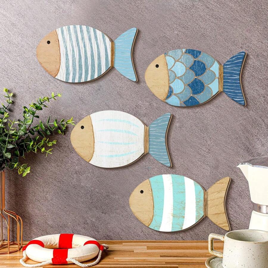 1Pc/4Pcs Cute Wooden Tropical Fish Wall Decor,Mini Beach Nautical Coastal Theme Fish Wall Art Wood Fish Wall Art Lake House Ocean Decor Vintage Ornaments For Home Bathroom Bedroom(DIY Paste) Room Decor Bedroom Decor Home Decor