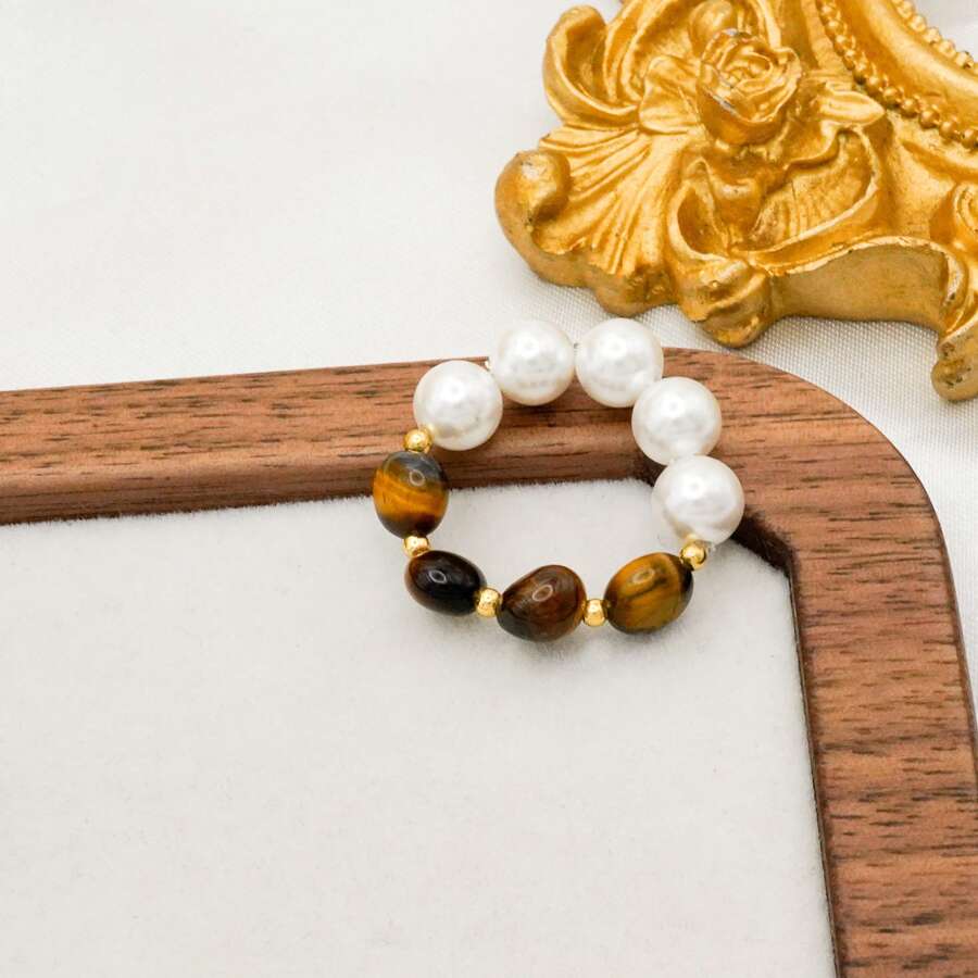 Conjunto de Joias Estilo Boêmio Retrô Francês em Olho de Tigre Natural, Banhado a Ouro 18K em Aço Inoxidável, Acessórios Elegantes Adequados para Uso Diário ou Presentes de Férias