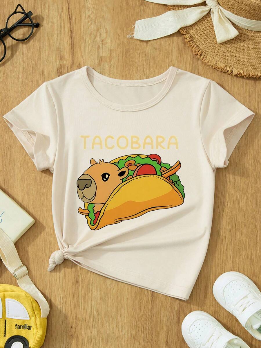 Camiseta de manga corta para niñas con estampado de letra y carpincho de dibujos animados, para el verano