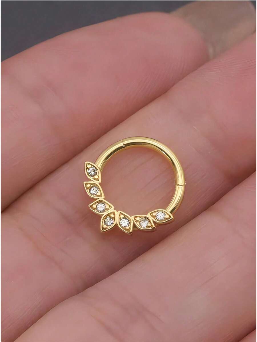 1pc Fashionable & Elegant European-Style Golden Cubic Zirconia Leaf Design Nose Ring, Versatile Nose Hoop