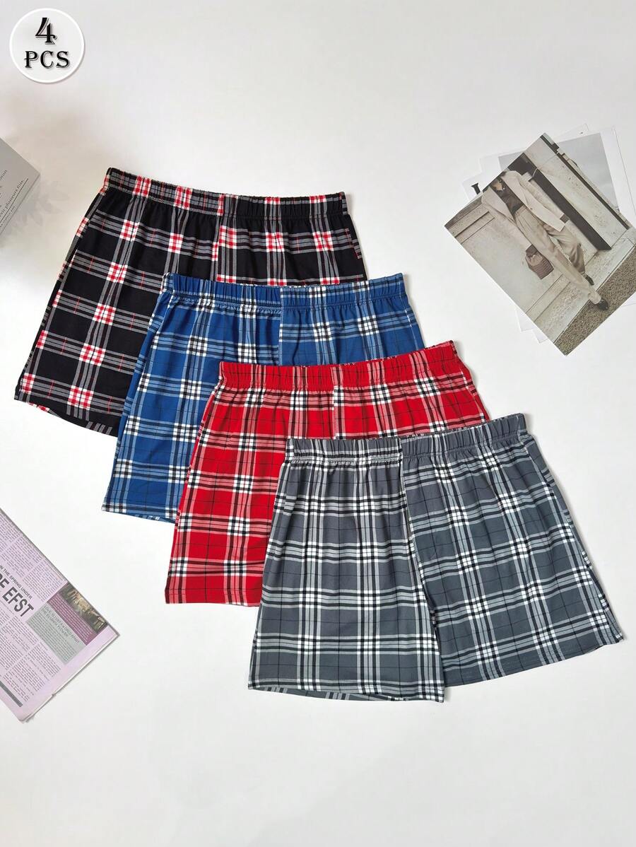 4pcs/Set Men's Plaid Print Stretchy Loose Casual Shorts, Breathable Comfortable Pajama Pants, With Elastic Waistband, Multi-Color Combination