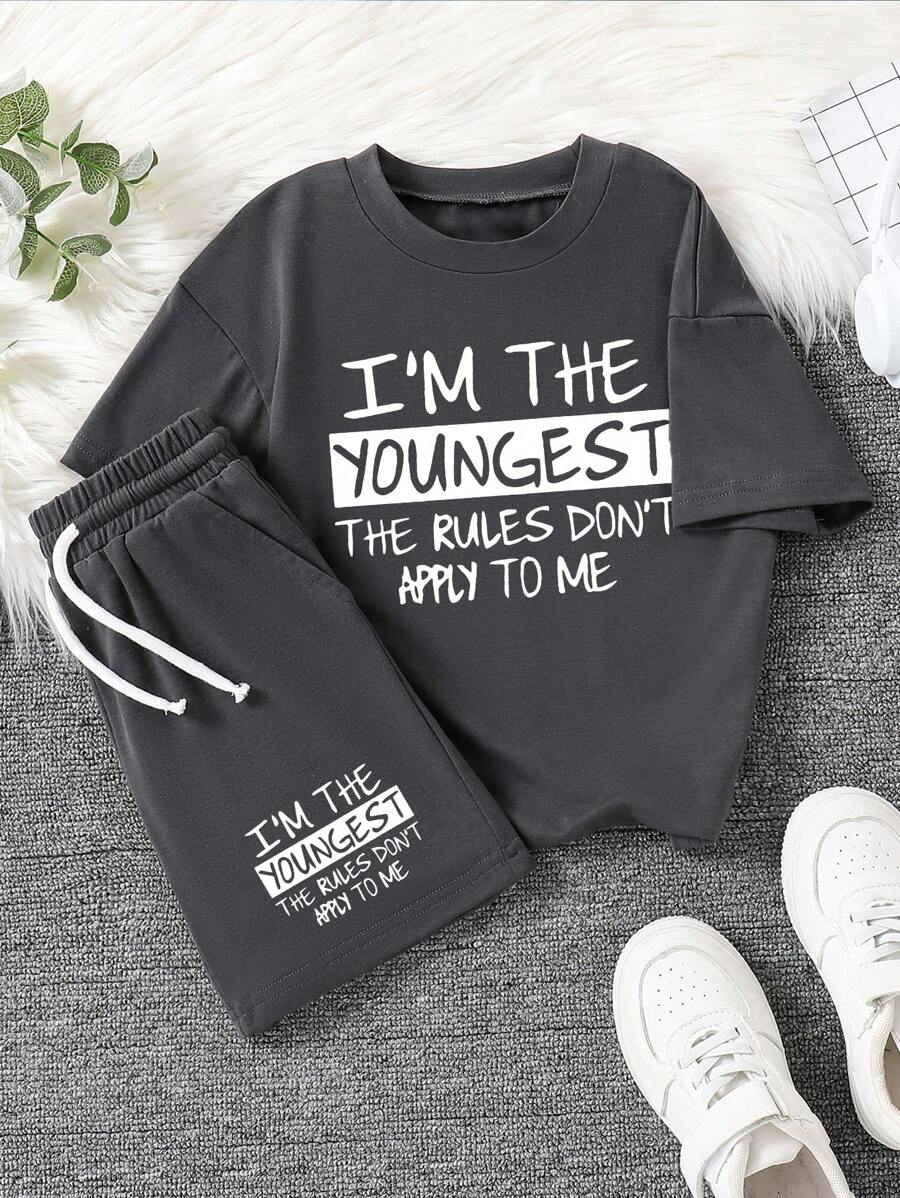 Tween Boy Letter Print Round Neck Short Sleeve T-Shirt And Shorts Set