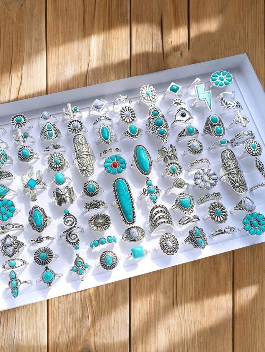 Conjunto de 44 anéis de metal com flor turquesa estilo boêmio, presentes para mulheres em datas comemorativas, acessórios para combinações diárias