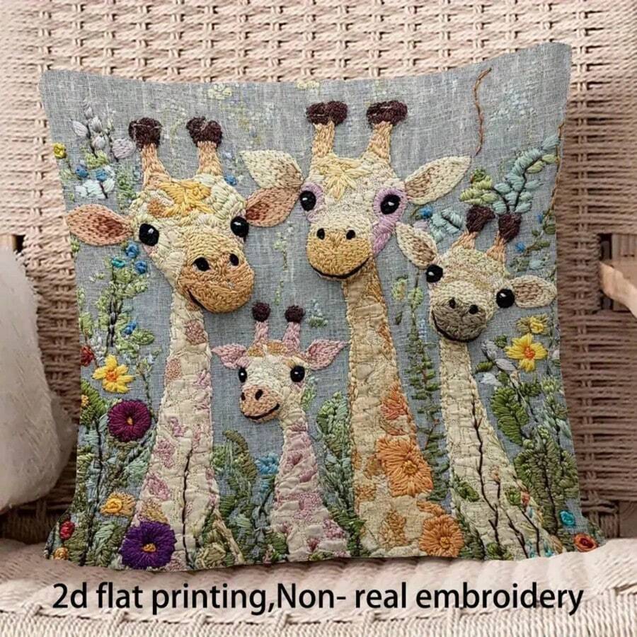 1pc Floral & Giraffe Family Decorative Pillow Cover, 18x18 Inches, Soft Polyester, Zippered Closure, Perfect For Living Room Sofa Home Decor, Bedroom Headboard Cushion, Pillow Insert Not Included