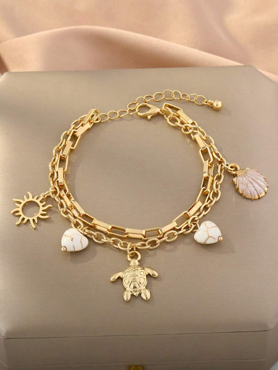 1 Peça Pulseira com Temática Oceânica, Estrela do Mar, Tartaruga, Concha e Coração de Pedra