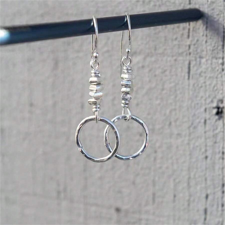 1 Pair Boho Style Vintage Textured Round Hoop & Beaded Pendant Earrings, Fashion Minimalistic Design, Suitable For Women's Daily, Gatherings, Gifts, Jewelry