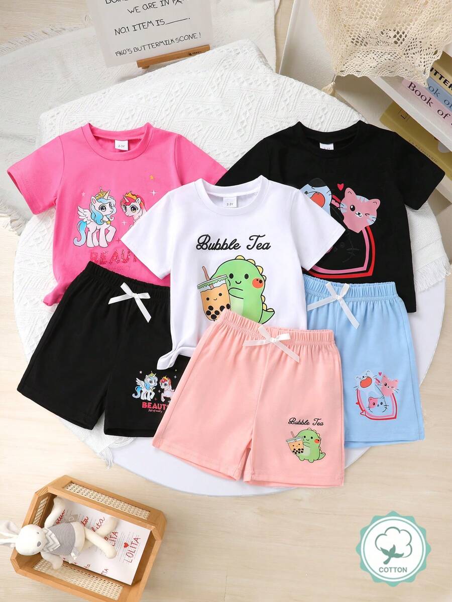 Set de 6 piezas: Conjuntos de camisetas para niñas, con estilo y lindas, de tela suave, transpirable y cómoda con estampado de dibujos animados, camiseta de cuello redondo y manga corta, y pantalones cortos deportivos decorados con lazos, adecuados para casual, diario, vacaciones y fiesta