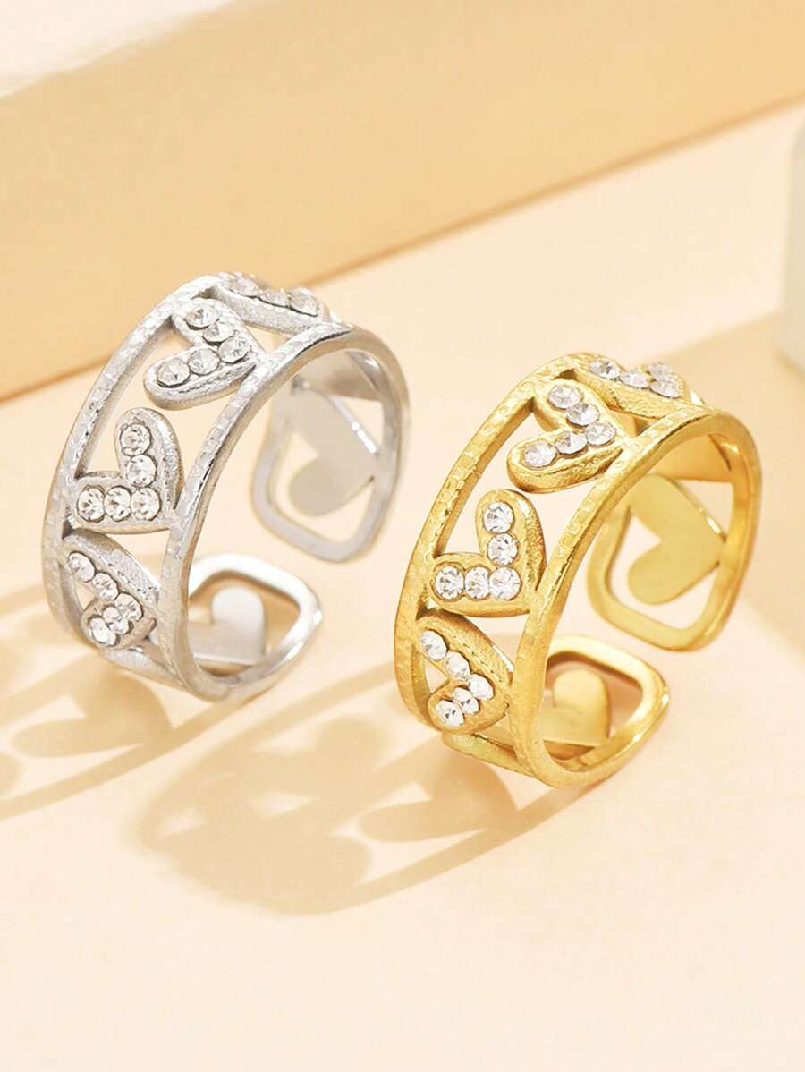 1 pieza Anillo abierto ajustable con hermosas piedras de diamante, anillo de acero inoxidable con forma de corazón, chapado en oro de 18K, joyería multiusos para mujer, para uso diario