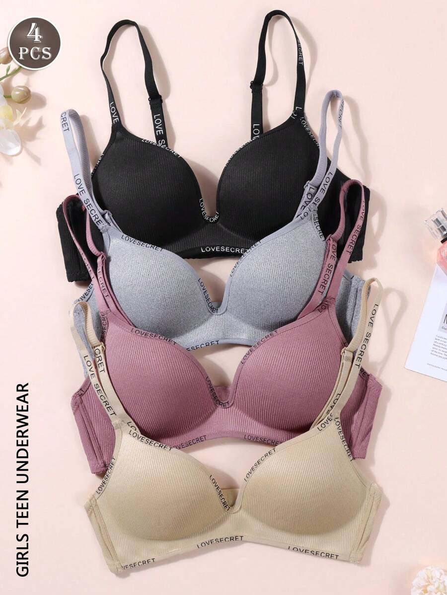 4 Packs Girls Teenager Ribbed Moulded Cup Bra, Letter Printed Teen Underwear, Comfortable And Breathable For Young Girls