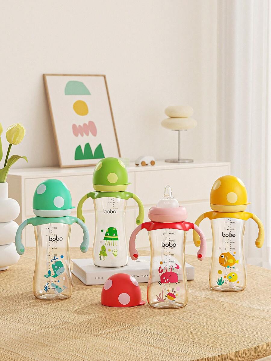 1pc Baby PPSU Bottle, Wide Mouth Mushroom Head Milk Bottle With Handle, Suitable For Babies 12 Months+, 11.2OZ/330ML