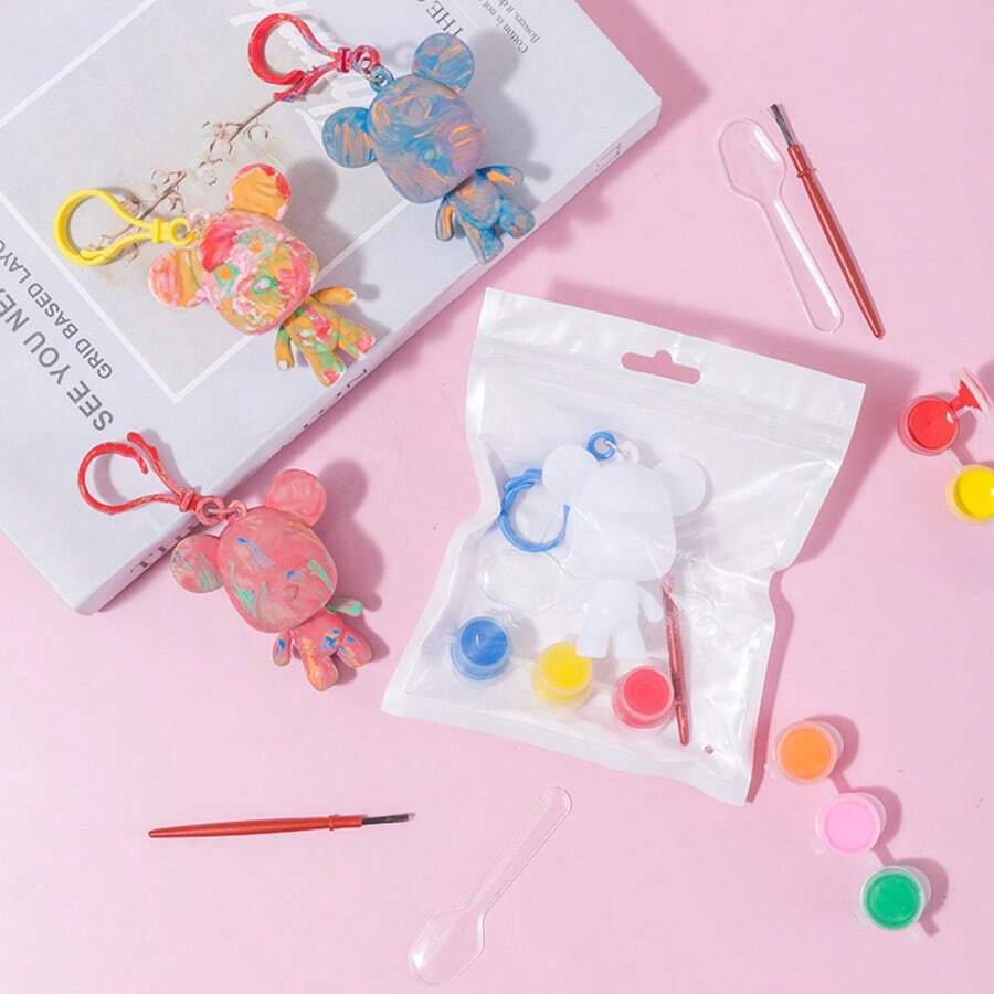 Chaveiro de urso fluido colorido em branco, kit de brinquedo para artesanato com pintura e rabiscos faça você mesmo, entrega em cores aleatórias