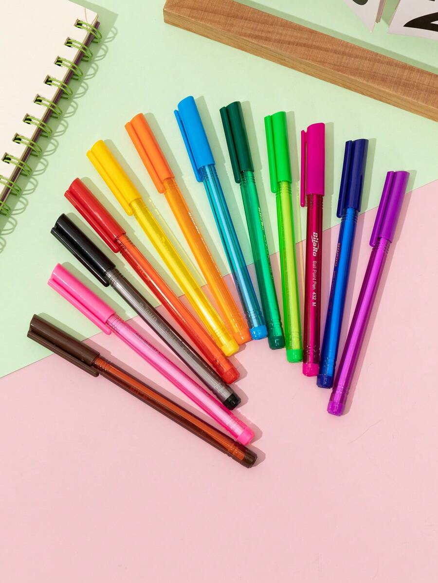 12 Colors Ballpoint Pens, Colorful Round Barrel Design For Easy Grip And Smooth Writing, Great For Students, Adults, Art & Office Use Back To School