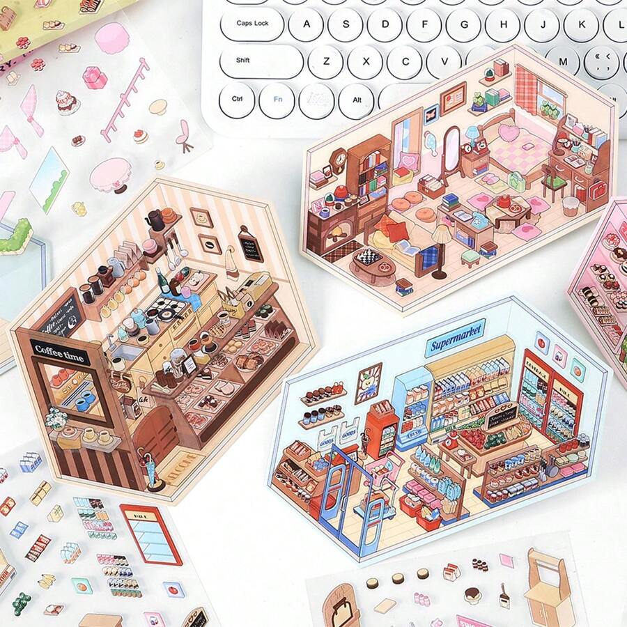 PET2.5D Landscape Sticker Little Corner Series Cartoon Miniature House Children's Fun Collage, School Supplies,Back To School