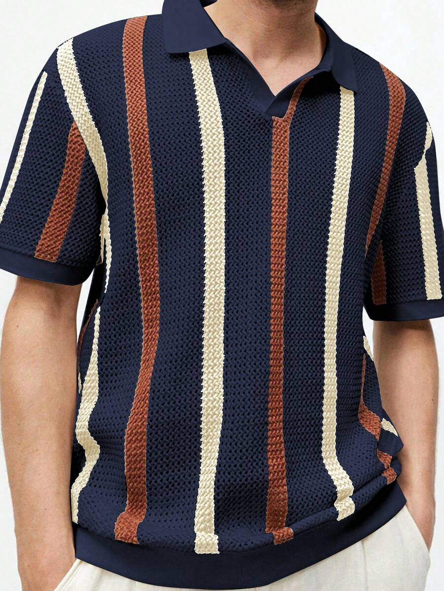 Maglia a pullover in maglia, polo a maglia casual con colori a contrasto a righe, polo a maniche corte in maglia a righe da uomo, casual, comoda, in tessuto morbido, colletto classico, abbigliamento da uomo, per uso quotidiano e all'aperto, stile versatile e alla moda
