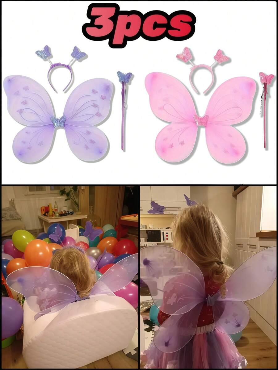 3 Stücke Festivalparty Zubehör, Schmetterling Prinzessin Themen Partyzubehör, Schmetterlingsflügel Fee Stab, Cosplay Bühnenauftritte, Flügel, Fee Stab, Tüllrock Accessoires, Foto Atmosphäre Gestaltungsutensilien, sehr geeignet für Feiertage, Geburtstagsfeiern sind die besten Kostüme zum Verschenken an Familie, Freunde und Geliebte.