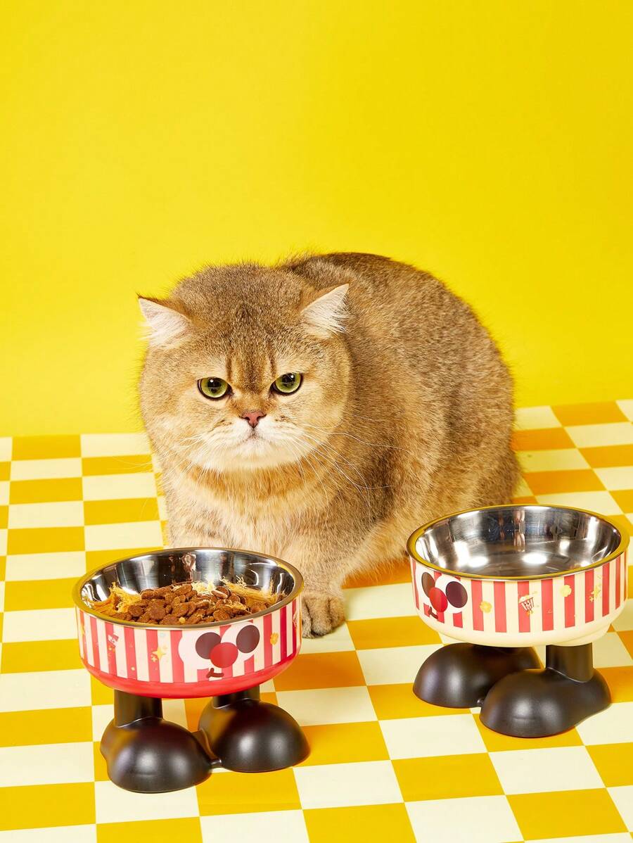 1pc Elevated Cartoon Cat Dog Pet Food Water Bowl With Spill Prevention, Raised Feeder