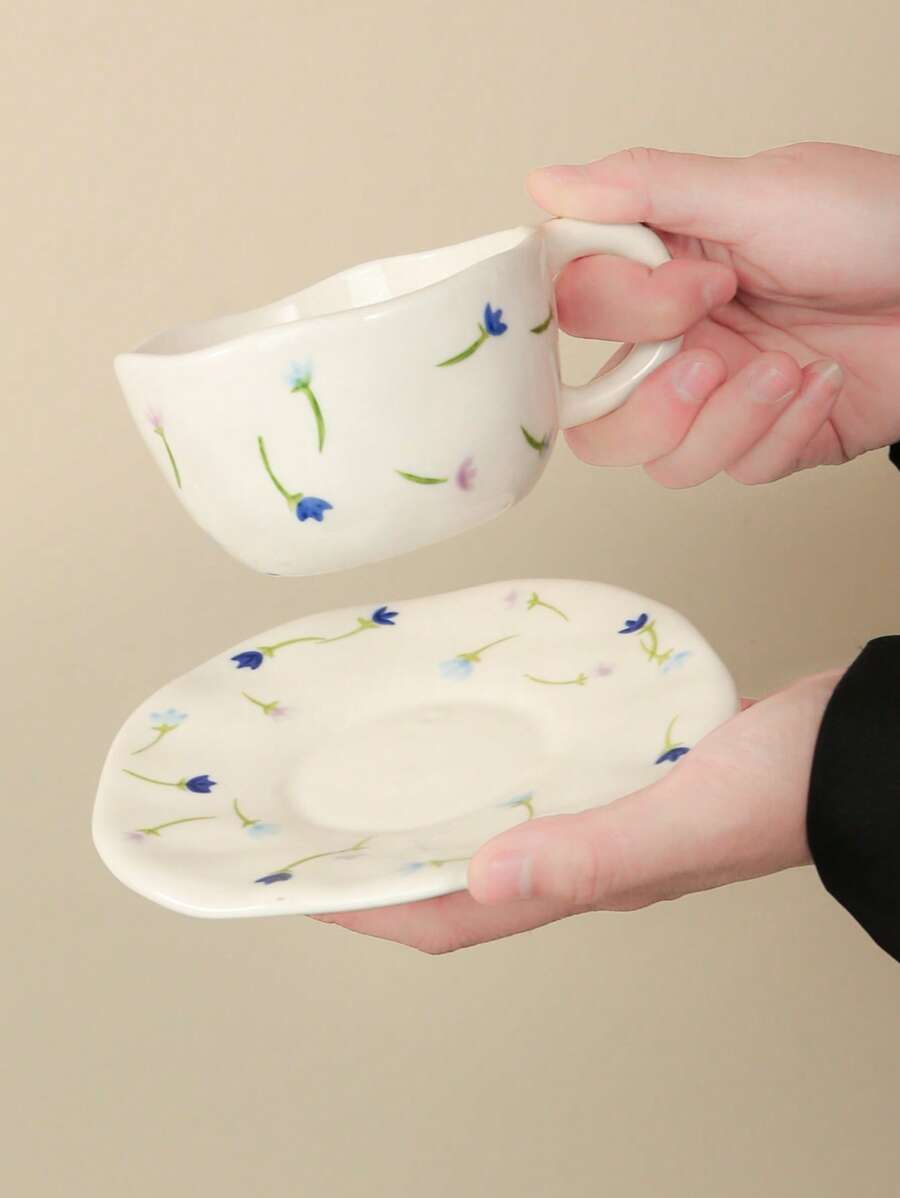 1pc Hand-Painted Floral/Yellow Stamen Ceramic Coffee Cup And Saucer Set, Suitable For Home, Office, Cafe Use, Ideal Gift For Women, Mom, Birthday Back To School