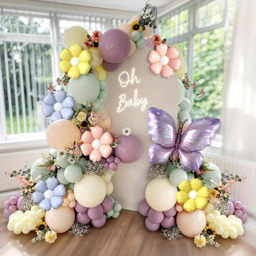 112pcs Spring Floral Butterfly Balloon Arch Set, Includes Lavender Purple Yellow Balloons, Daisy Flowers, Butterfly Foil Balloons, Suitable For Woodland Fairy Baby Shower, Birthday, Garden Tea Party Decoration
