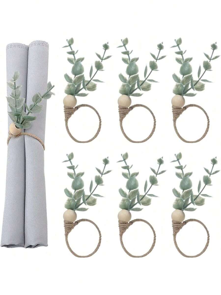 Napkin Rings Set Of 6 Rustic Eucalyptus Wooden Napkin Rings Boho Leaf Wood Bead Farmhouse Spring Fall Napkin Ring Holder For Family Dining Banquet Wedding Christmas Easter Holiday Table Decor