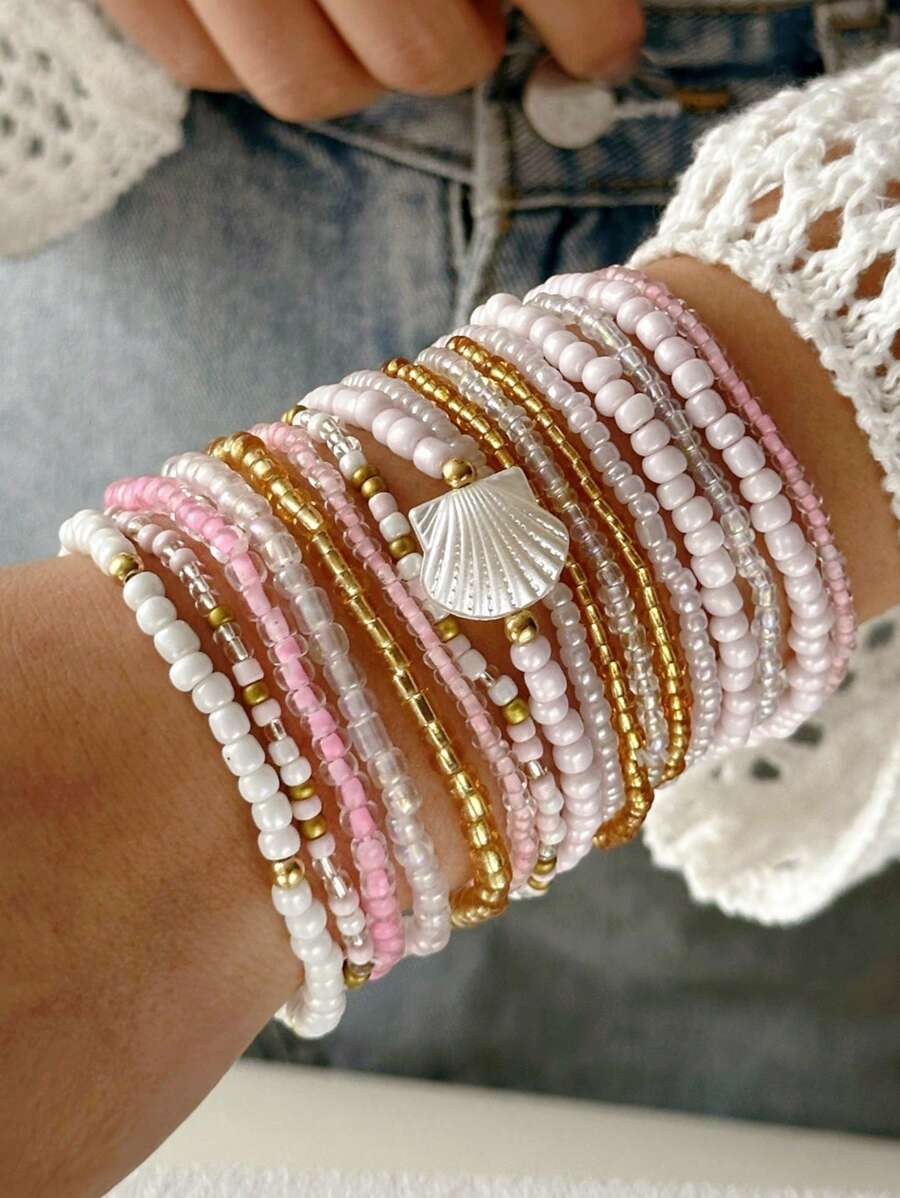 17 Stücke Boho Strand Stil bunte Harz Perlen, Muschelperlen Armband Set für Frauen