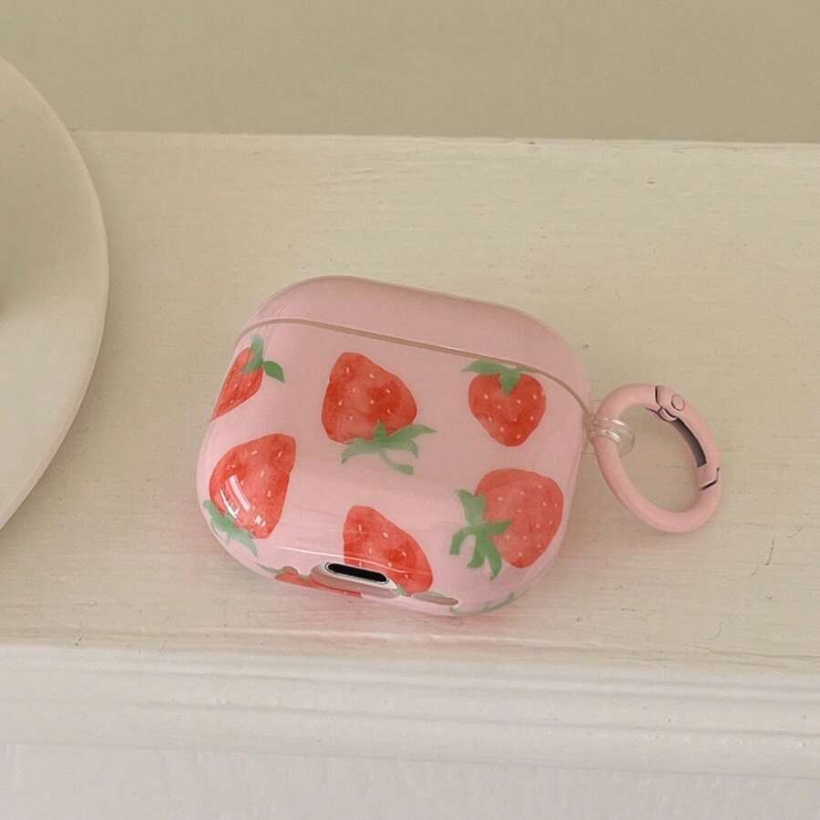 Summer Korea Style Pink Strawberry Design Earphone Case + Strap Suitable Compatible With Apple Pro 2/Pro/3/4/2 Case, Fashion/Cute/Fruit Wireless Earbuds Protective Cover