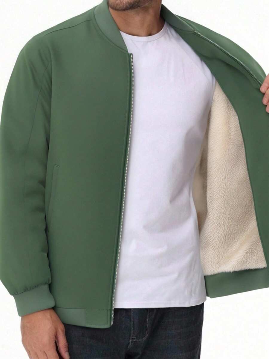 Men's Autumn/Winter Outdoor Thermal Lined Casual Jacket, Fashionable And Warm, With Baseball Collar Design To Shape The Neck And Look Stylish, Inner Pocket, Elastic Cuffs To Keep Out Wind And Stay Warm, Suitable For Daily Wear, Parties, Business, And Outdoor Activities, Ideal Gift For Husbands Or Boyfriends