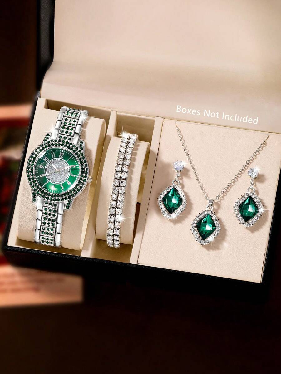 Conjunto de 7 peças de Relógio de Pulso Feminino é Lindo, Elegante, Mostrador Redondo Totalmente Diamantado, Pulseira, É um Conjunto de Relógio de Luxo a Quartzo e Colar Pingente, Brincos, Anel e Pulseira, Ideal para Uso Diário, Temporada de Volta às Aulas, Temporada de Formatura, Ação de Graças, Casais, Melhor Presente (Caixa do Relógio não Incluída)